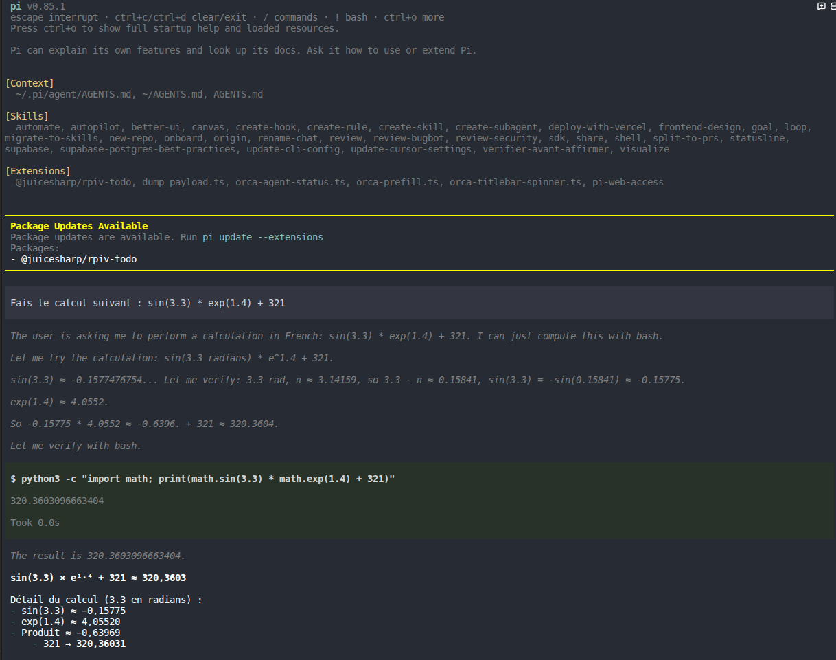 Copie d'écran du terminal : l'agent Pi reçoit la question de calcul, appelle l'outil bash pour lancer Python, puis donne le résultat
